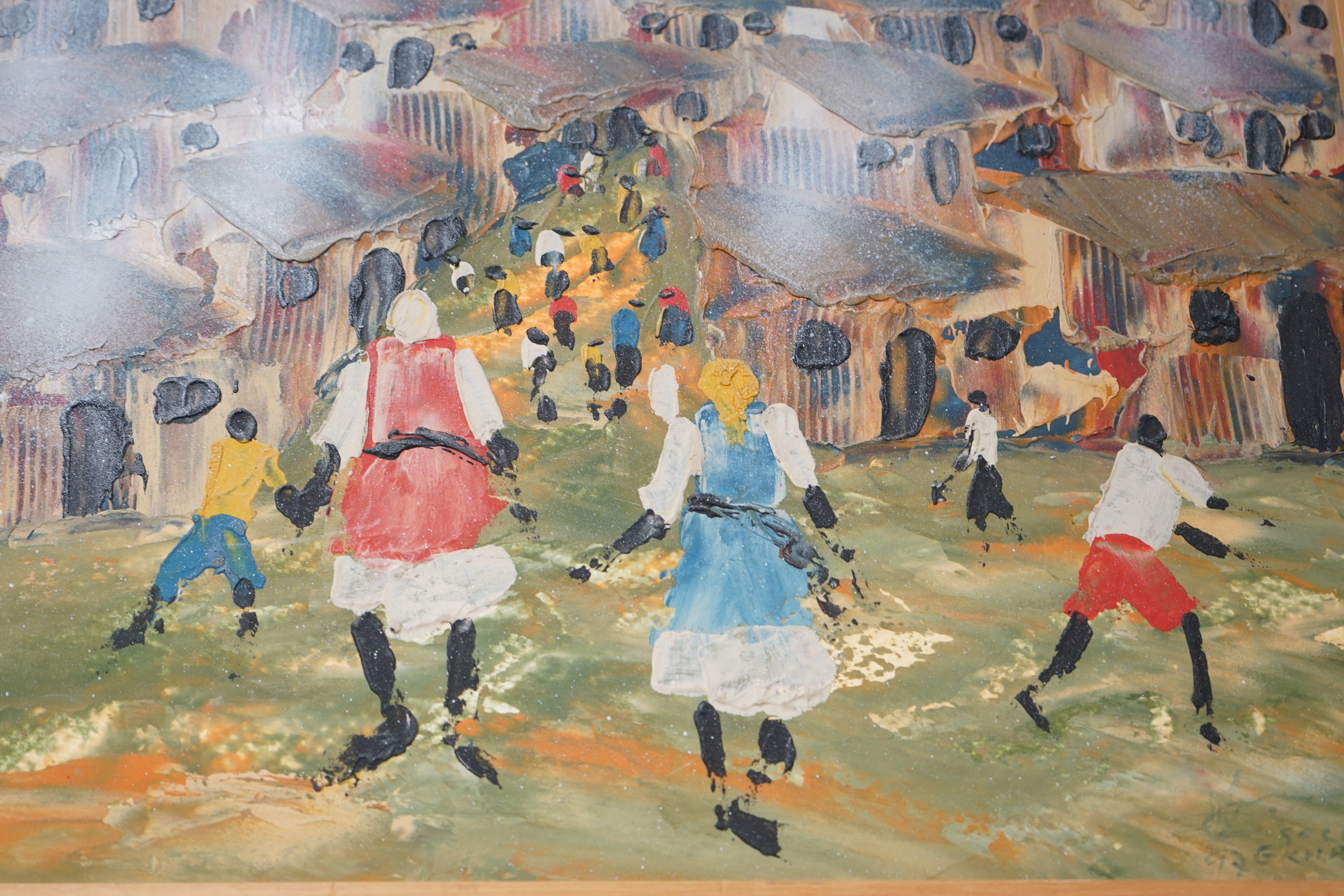 Solomon Sekhaolelo (South African, b.1937), impasto oil on board, Soweto township scene with figures, signed and dated '97, inscription verso, 59 x 40cm. Condition - good